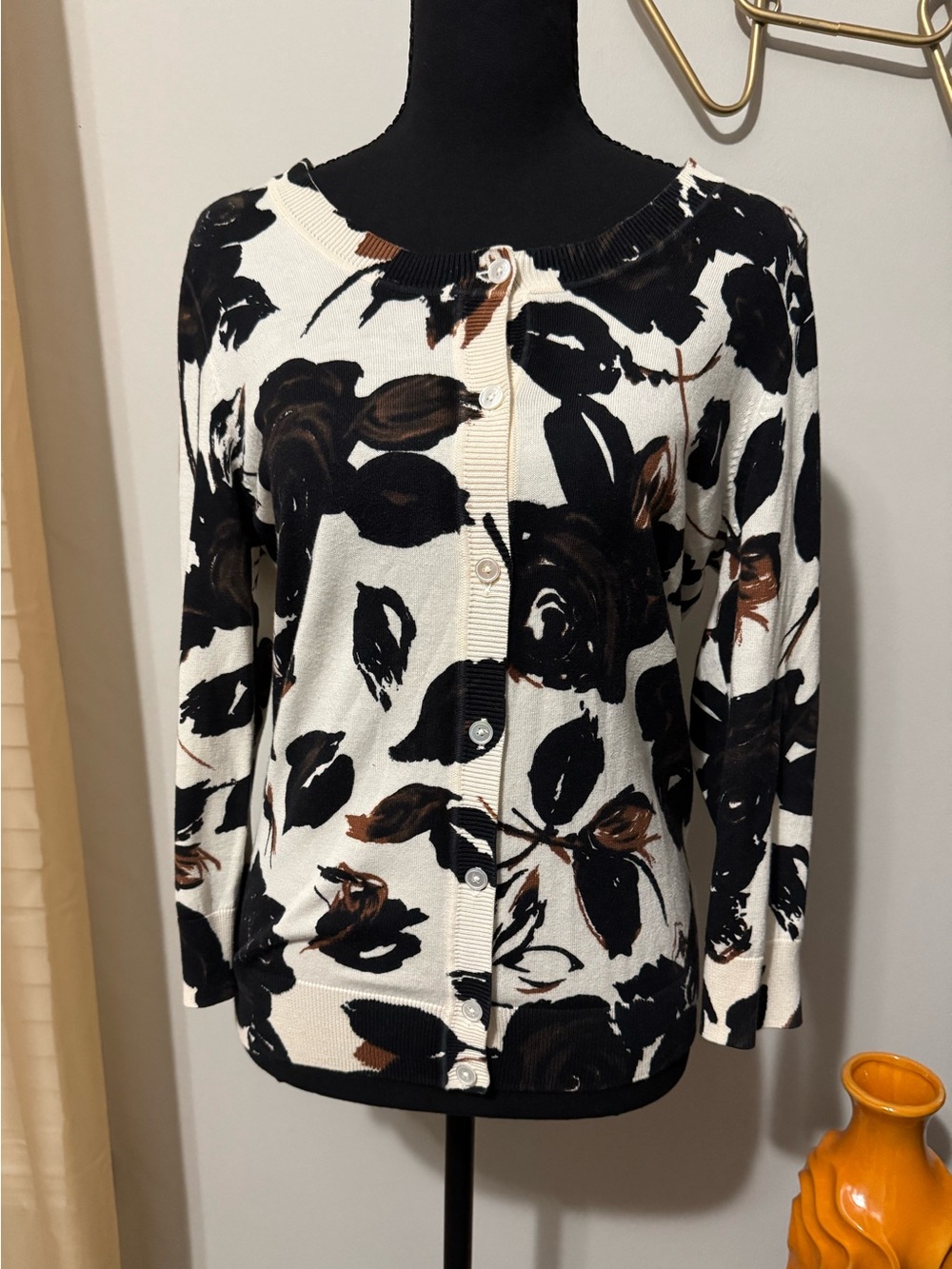 Talbots Black, White & Brown Floral Button Cardigan
